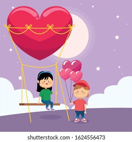 happy boy with hearts balloons and girl on heart swing over purple nightfall background, colorful design, vector illustration