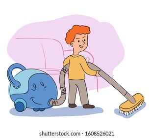 Happy boy helper cleaning living room carpet with vacuum cleaner. Home service and help in housekeeping. Domestic work routine. Kid helping parents. Mopping floor. Vector cartoon flat illustration