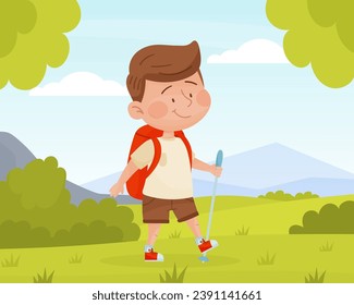 Happy Boy Hiking with Backpack and Stick Enjoy Sport and Physical Activity Vector Illustration