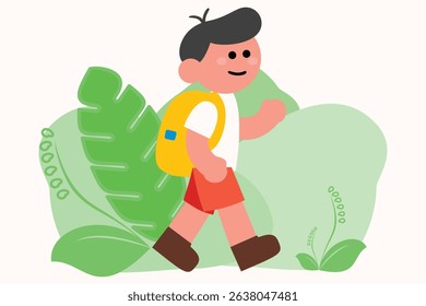 Happy Boy Hiking in Nature Fun Kids Adventure Illustration