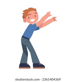 Happy Boy with His Hands Up Point at Something Standing and Smiling Vector Illustration