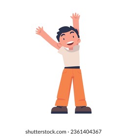 Happy Boy with His Hands Up Standing and Smiling Vector Illustration
