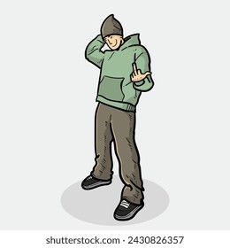 Happy boy with his hoodie isolated on grey background vector modern illustrations