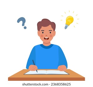 Happy boy with his laptop having a good idea. Elementary school pupil. Question mark and light bulb. A schoolboy found a solution to an assignment. Vector illustration