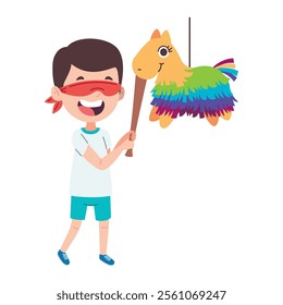 happy boy hitting the pinata party isolated