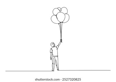 Happy Boy holding air balloons in continuous one line drawing. Single line art illustration of air balloons. Editable vector.