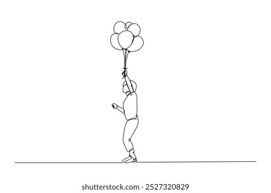 Happy Boy holding air balloons in continuous one line drawing. Single line art illustration of air balloons. Editable vector.