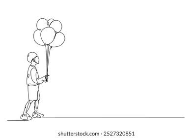 Happy Boy holding air balloons in continuous one line drawing. Single line art illustration of air balloons. Editable vector.