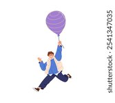 Happy boy holding balloon string, floating and flying up with smile. Cute kid celebrating, funny child lifted high with helium air baloon. Flat graphic vector illustration isolated on white background