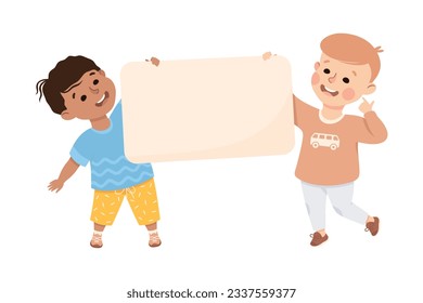 Happy Boy Holding Banner or Poster with Empty Space Vector Illustration