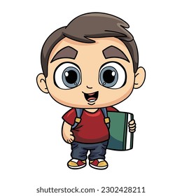 Happy boy holding a book illustration in doodle style isolated on background