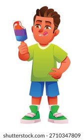 Niño feliz que sostiene un helado de colores brillantes en un palo. Ilustración de personaje de dibujos animados de Vector