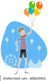 Happy boy holding a bunch of balloons, silhouette elements of an amusement park in background