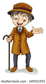 A happy boy holding a cane on a white background