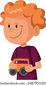 
Happy Boy Holding a Car Toy Vector Character. Kid enjoying playtime with his miniature truck 
