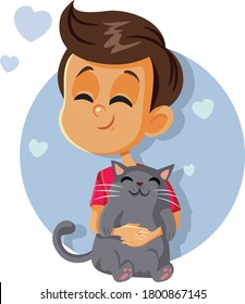 Happy Boy  Holding a Cat Vector Cartoon. Cute child has a pet friend for playtime
