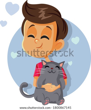 Happy Boy  Holding a Cat Vector Cartoon. Cute child has a pet friend for playtime
