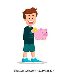 happy boy holding a coin and his cute piggy bank