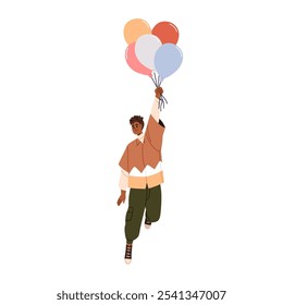 Muchacho feliz que sostiene el manojo festivo, globos del helio, que flota para arriba con la sonrisa. Tipo celebrando vacaciones, volando, levantando con globos de aire. Ilustración vectorial gráfica plana aislada sobre fondo blanco