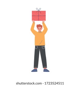 Happy Boy Holding Gift Box Decorated with Ribbon Over his Head, Teenager Celebrating Birthday, Christmas or New Year Cartoon Vector Illustration