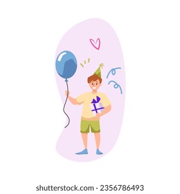Happy boy holding gift box and balloon, flat vector illustration isolated on white background. Birthday party celebration. Smiling kid celebrating holiday.