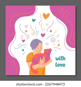 Happy boy holding and hugging cute cat, greeting card or poster template - cartoon flat vector illustration. Smiling child playing with furry cat. Pet adoption concept.