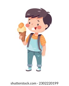 happy boy holding ice cream icon isolated