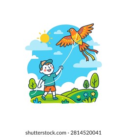 Happy boy holding kite string flying