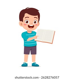 Happy Boy Holding an Open Book and Pointing at It While Smiling in a White Background