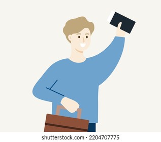 Happy boy holding passport and suitcase. Man travelling. Airport departure, holiday, vacation, tourism, journey concepts. Flat cartoon character vector design illustration.