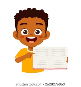 Happy Boy Holding e Apresentação Open Book, Ilustração de Estilo de Desenho Animado, Leitura