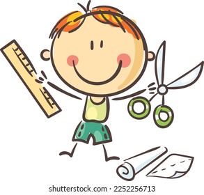 Happy boy holding ruler and scissors. Kid creative activities clipart, isolated on white background, vector illustration.