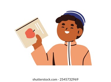 Muchacho feliz que sostiene el libro de la escuela, emocionado sobre aprender. Lindo niño estudiante con libro de texto en la mano. Lector infantil sonriente que muestra literatura educativa. Ilustración vectorial plana aislada sobre fondo blanco