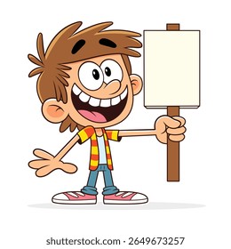 Happy boy holding sign Cartoon Vector Illustration, Cute boy holding blank sign vector illustration