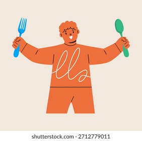 Garoto feliz segurando uma colher e garfo. Ilustração vetorial colorida
