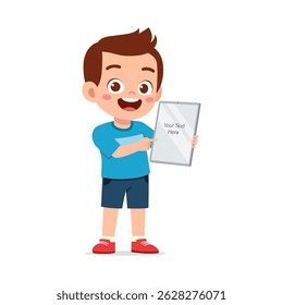 Happy Boy segurando um tablet e apontando para a tela com um rosto sorridente e humor alegre