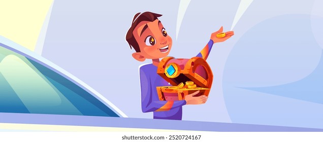 Muchacho feliz que sostiene el cofre del tesoro lleno de dinero. Ilustración de dibujos animados de Vector de niño rico sonriente con monedas de oro brillantes en caja de madera decorada con piedra preciosa, ganador de la lotería, inversión exitosa