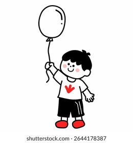 A happy boy holding a white balloon, smiling and wearing a white shirt with red icon. Ideal for kids celebration themes, independence day, or children’s events.