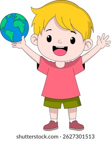 A happy boy holds a globe, symbolizing world peace.