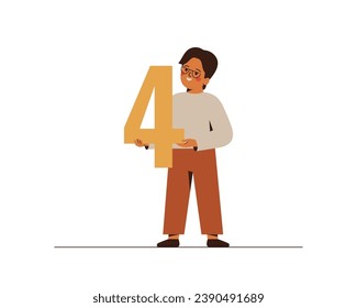 Niño feliz lleva al número cuatro a manos. Un niño blanco feliz con anteojos muestra un "4" grande. Concepto de escuela de estudio y educación. Ilustración vectorial de números matemáticos