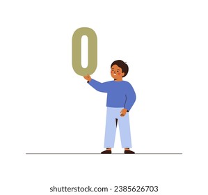 Happy boy holds number zero via raised hand. Happy caucasian boy shows big "0". Study and education school concept. Math numerals vector illustration