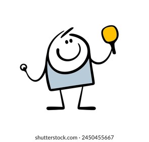 Happy boy holds a ping pong ball and a racket. Vector illustration of a table tennis competition. The child is playing. Funny athlete is a winner. Isolated cartoon character on white background.