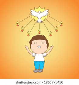 happy boy with holy spirit and fire of love. Sacrament of Confirmation. Seven Sacraments of christianity cartoons vector
