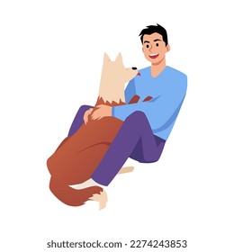 Happy boy hugging big dog flat style, vector illustration isolated on white background. Emotional support animal, pet therapy, friendship. Positive emotions, smiling character