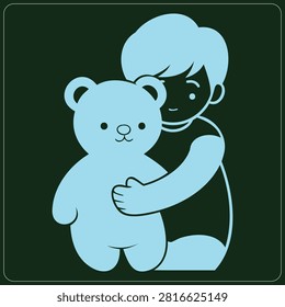 Happy boy hugging teddy bear, expressing love, comfort, companionship, childhood memories, soft toy, warm embrace, playtime.