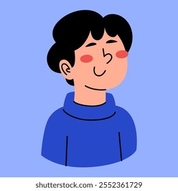 Happy Boy Illustration: Uma ilustração alegre de um menino com bochechas rosadas, vestindo um suéter azul com gola rolê, transmite felicidade e calor.