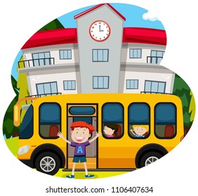 Niño feliz delante de una ilustración de un autobús escolar