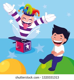 happy boy with joker hat and surprise box april fools day card