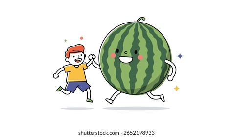 A happy boy and a joyful watermelon playing together in the summer