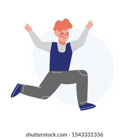 Happy Boy Joyfully Jumping, Smiling Schoolchild Having Fun Vector Illustration